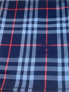 Burberrys Navy & Light Blue Plaid Handkerchief with Red Accents